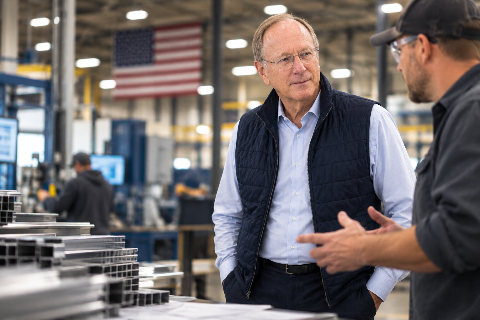 A senior family manufacturing leader speaking with a next-generation team member on the shop floor, with an American flag hanging in the background