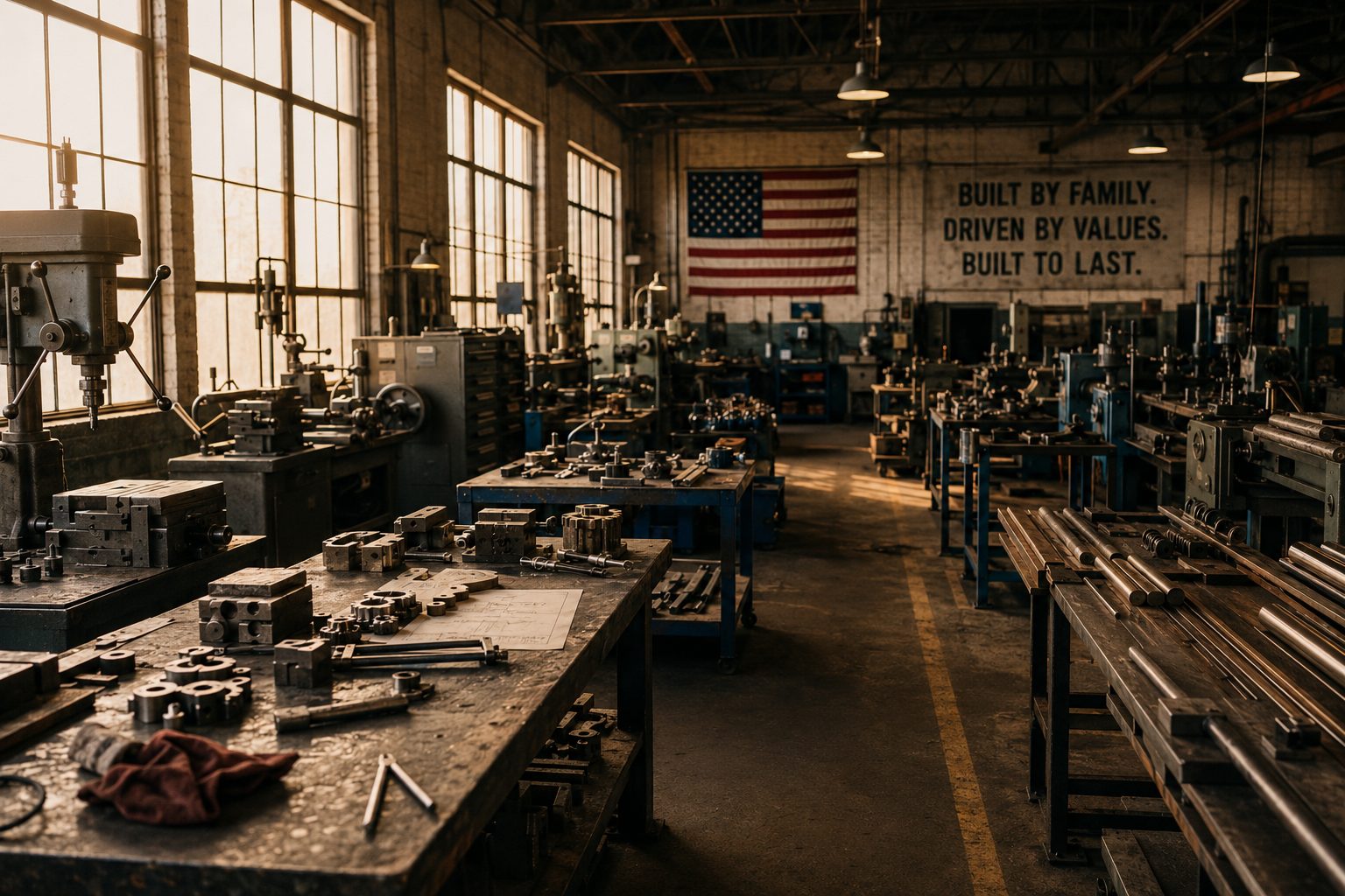 Sunlit family manufacturing shop floor with an American flag and a wall reading 'Built by Family. Driven by Values. Built to Last.'